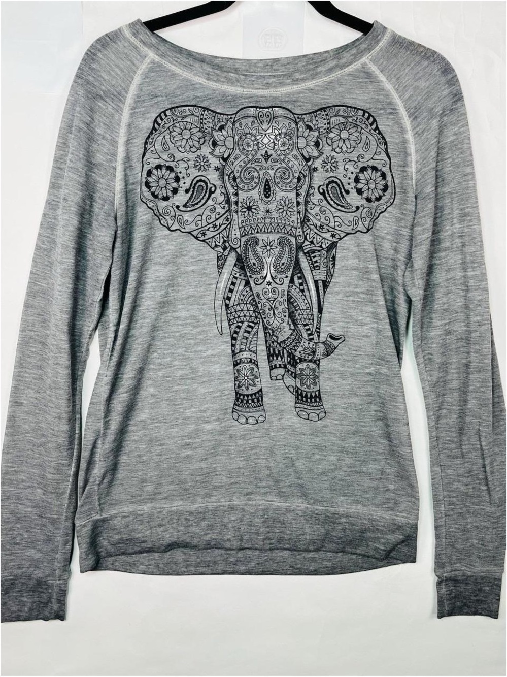 Well Worn Gray Heather Long Sleeve Tee with Black Elephant Graphic